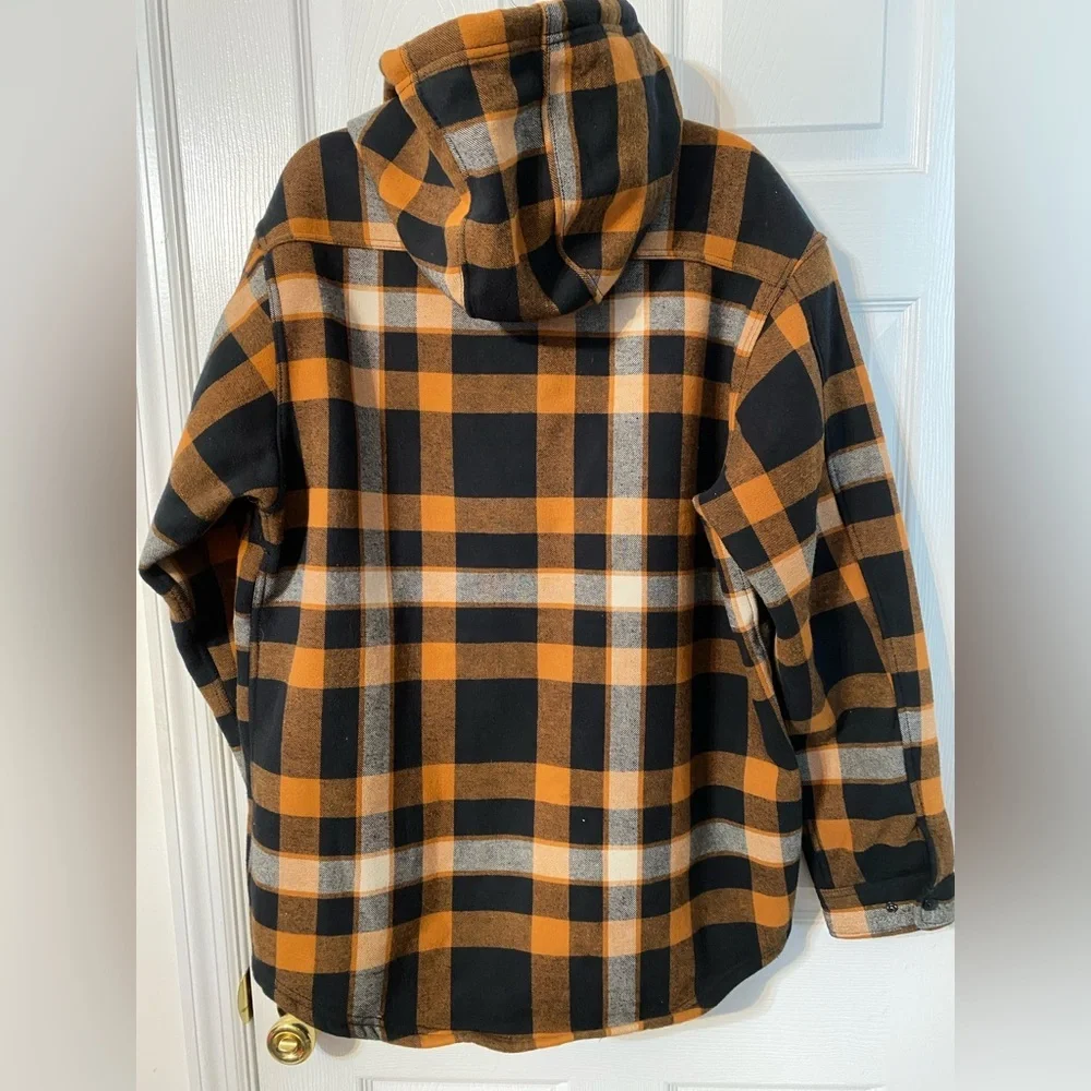 Wolverine Men's Large Black Orange Plaid Shirt Jacket with hood Christmas